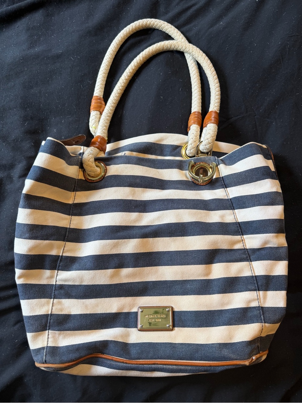 Michael Kors Navy and White Striped Rope-Handle Tote